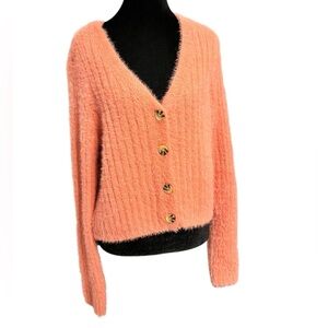 Juniors SO Pink/coral Fuzzy V-Neck Button-Front Cardigan L